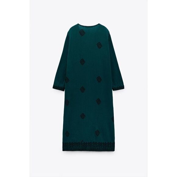 Zara Printed Midi Dress Cotton Green New - Picture 5 of 6